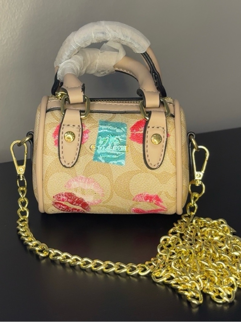 Coach Beige Signature Mini Satchel with Pink & Red Kiss Print and Gold Chain